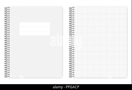 Grille reliés à l'aide d'ordinateur portable, bordée vecteur réaliste immersive. Reliure spirale métallique carnet de notes, des maquettes. Feuilles en vrac sous forme de lettre modèle calligraphique, Gabarit Illustration de Vecteur