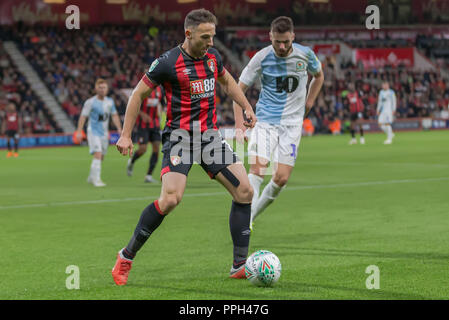 Marc Pugh de Bournemouth, au cours de l'EFL Carabao Cup 3ème tour entre Bournemouth AFC Blackburn Rovers et à l'épanouissement Stadium, Bournemouth, Angleterre le 25 septembre 2018. Photo de Simon Carlton. Usage éditorial uniquement, licence requise pour un usage commercial. Aucune utilisation de pari, de jeux ou d'un seul club/ligue/dvd publications. Banque D'Images