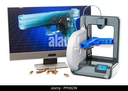 Imprimé 3d armes à feu, des armes d'concept. Le rendu 3D isolé sur fond blanc Banque D'Images