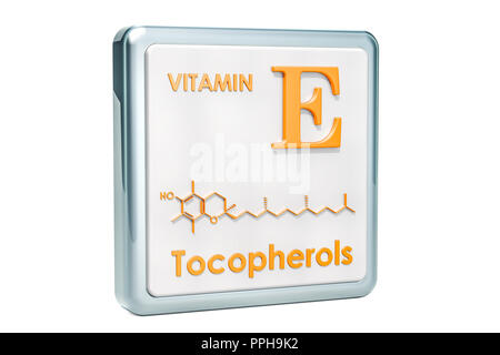 La vitamine E, de tocophérols. Icône, formule chimique, structure moléculaire sur fond blanc. Le rendu 3D Banque D'Images