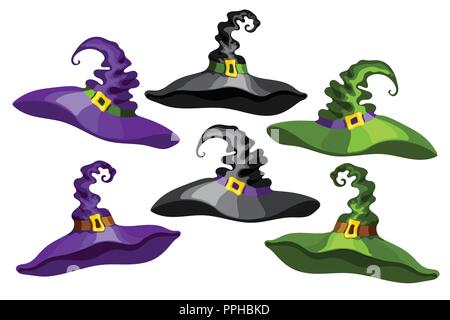 Vector Cartoon style sorcière Halloween ensemble chapeau isolé sur fond blanc Illustration de Vecteur