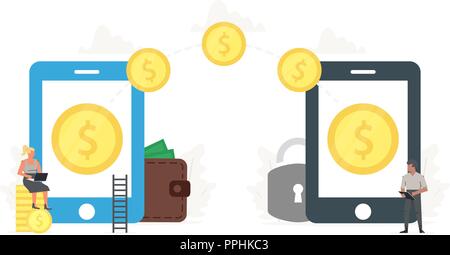 Bureau gens envoyer et recevoir de l'argent avec leur téléphone sans fil. Transfert des pièces à l'aide d'appareil mobile et l'application paiement bancaire. Illustration de Vecteur