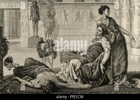 Cléopâtre VII Philopator (69-30 av. J.-C.). Reine de l'Egypte. La mort de Cléopâtre. Gravure d'après une peinture de famille Prinsep. L'illustration espagnole et américaine, 1872. Banque D'Images