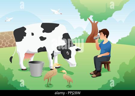 Un vecteur illustration de Boy boire du lait après la traite d'une vache Illustration de Vecteur