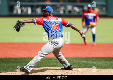 David Richardson pitcher inicial de Puerto Rico. . Partido de beisbol de la Serie del Caribe con el Encuentro entre Caribes de Anzoátegui (de Venezuela Banque D'Images
