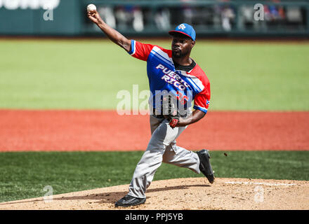 David Richardson pitcher inicial de Puerto Rico. . Partido de beisbol de la Serie del Caribe con el Encuentro entre Caribes de Anzoátegui (de Venezuela Banque D'Images