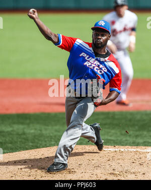 David Richardson pitcher inicial de Puerto Rico. . Partido de beisbol de la Serie del Caribe con el Encuentro entre Caribes de Anzoátegui (de Venezuela Banque D'Images