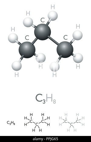 Le propane, C3H8, molécule modèle et formule chimique. Composé chimique organique, utilisé comme gaz de pétrole liquéfié. Ball-and-stick modèle et formule. Banque D'Images