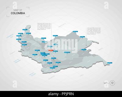 3D isométrique Colombie carte. Carte vectorielle illustration stylisée avec les villes, les frontières, les capitaux, les divisions administratives et marques ; pointeur backg gradient Illustration de Vecteur