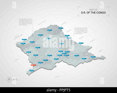 3D isométrique République démocratique du Congo carte. Carte vectorielle illustration stylisée avec les villes, les frontières, les capitaux, les divisions administratives et point Illustration de Vecteur