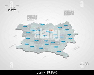 3D isométrique du Kosovo. Carte vectorielle illustration stylisée avec les villes, les frontières, les capitaux, les divisions administratives et marques ; pointeur background gradient Illustration de Vecteur