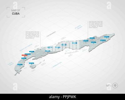 3D isométrique Carte de Cuba. Carte vectorielle illustration stylisée avec les villes, les frontières, les capitaux, les divisions administratives et marques ; pointeur gradient backgroun Illustration de Vecteur