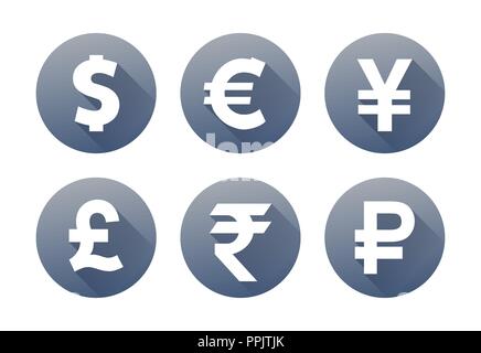 Service de télévision vector jeu de symboles. Des icônes avec des images de différents pays devises dollar sign, symbole de l'euro, livre sterling, yen sign signe, signe, yuan Illustration de Vecteur