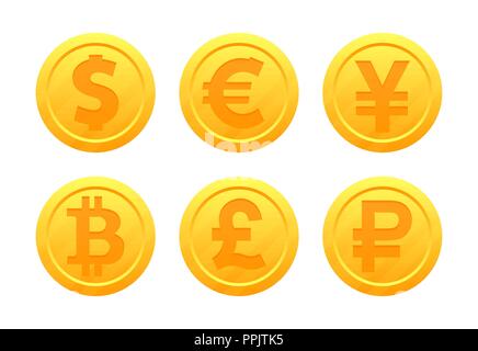 Vector set de symboles monnaie mondiale sous la forme de pièces d'or avec des signes : dollar, euro, livre, ruble, yen, bitcoin, yuan. Les signes de devise. Illustration de Vecteur