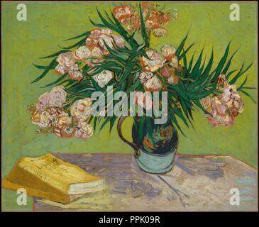 Des lauriers-roses. Artiste : Vincent van Gogh (Néerlandais, Zundert 1853-1890 Auvers-sur-Oise). Dimensions : 23 3/4 x 29 in. (60,3 x 73,7 cm). Date : 1888. Pour Van Gogh, lauriers-roses ont été joyeux, Fleurs de vie qui a fleuri une manière inépuisable' et 'étaient toujours "mettre en force de nouvelles pousses." Dans cette peinture d'août 1888 les fleurs de remplir un pichet de majolique que l'artiste a utilisés pour d'autres natures mortes faites à Arles. Ils sont symboliquement juxtaposée à Émile Zola's  <i >la joie de vivre </i >, un roman que Van Gogh avait placé à l'opposé d'une Bible ouverte dans une vie toujours Nuenen de 1885. Musée : Metropolitan Museum of Banque D'Images