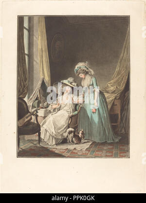 L'aveu difficile (l'Aveu difficile). En date du : 1787. Dimensions : image : 36,3 x 28,6 cm (14 1/4 x 11 5/16 in.) plaque : 48,7 x 36,3 cm (19 3/16 x 14 5/16 in.). Technique : gravure et laver, imprimé en bleu, rouge, carmin, jaune et noir des encres. Musée : National Gallery of Art, Washington DC. Auteur : Jean-François Janinet après Nicolas Lavreince. Banque D'Images