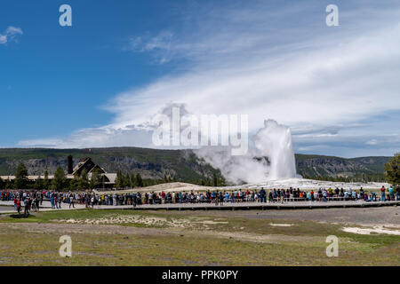 Yellowstone, Wyoming : des foules de touristes et les visiteurs se réunissent autour de la promenade pour regarder Old Faithful Geyser en éruption. Concept pour crowde Banque D'Images