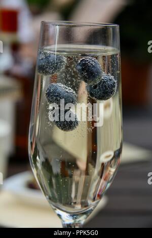 Un gros plan d'un verre de champagne avec des bleuets en suspension dans un jardin extérieur Banque D'Images