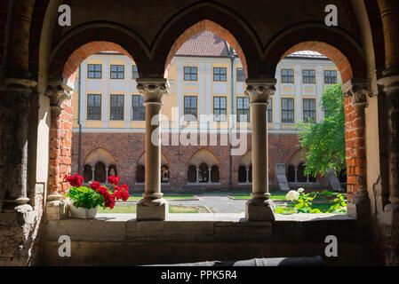 Cloître de la cathédrale de Riga, vue en été d'un Cloître médiéval fenêtre sur le quadrilatère de la ville jardin, la cathédrale de Riga, en Lettonie. Banque D'Images