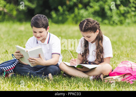 Les écoliers à faire leurs devoirs ensemble tout en sitting on grass in park Banque D'Images