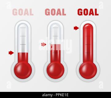 Vector 3D réaliste, la météorologie en verre thermomètre météo sign icon set échelle libre isolé sur fond blanc. Clip art, modèle de conception pour les graphiques. Thermomètres avec différents niveaux et sans numéros et symboles. Objectif et concept succes Illustration de Vecteur