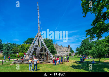 Trebuchet, le château de Warwick, Warwickshire, West Midlands, Angleterre, Royaume-Uni, Europe Banque D'Images