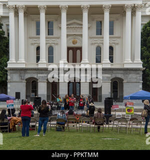 Sacramento, Californie, États-Unis d'  10 mars 2018. Une poignée de personnes se rassemblent devant le Capitole pour protester contre le système de santé et Banque D'Images