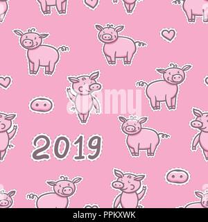 Doodle mignon porc dessin au crayon. Modèle sans couture Bonne Année. L'année 2019 signe chinois. Vector illustration isolé sur fond rose. Illustration de Vecteur