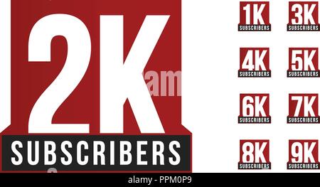 Nombre d'abonnés vector icon set. Logo anniversaire modèle. L'élément de conception de carte de vœux. Nombre d'adeptes simple emblème. Style strict rouge vector illustration isolé sur fond blanc. Illustration de Vecteur