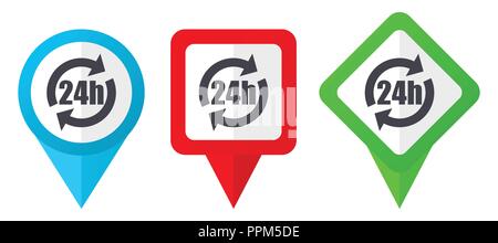 24h rouge, bleu et vert pointeurs vecteur d'icônes. Ensemble de points de repères colorés isolé sur fond blanc facile à modifier. Illustration de Vecteur