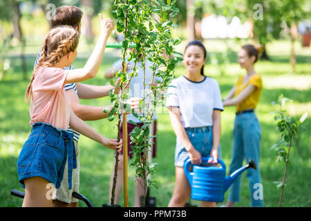 Les jeunes la plantation de nouveaux arbres et de bénévolat au parc Banque D'Images