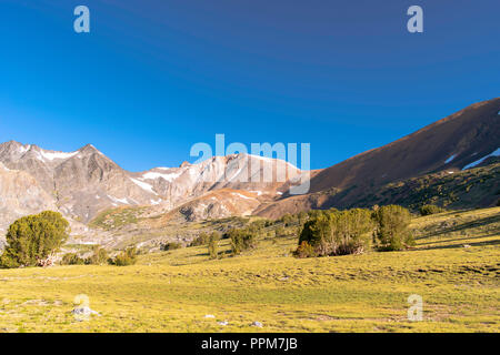 Lever du soleil dans la vallée près de Alger Lacs, en vue d'Koip Koip Pic et col en arrière-plan ; Ansel Adams Wilderness, Inyo National Forest, la Sierra Banque D'Images