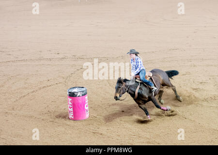 Concurrent dans le baril australienne Horse Association Finale Nationale 2018 à Australian Equine and Livestock Events Center, Tamworth NSW Australie. Banque D'Images