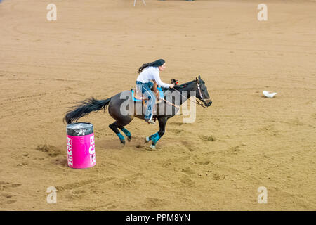 Concurrent dans le baril australienne Horse Association Finale Nationale 2018 à Australian Equine and Livestock Events Center, Tamworth NSW Australie. Banque D'Images