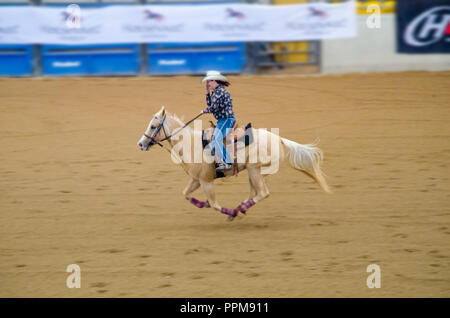 Concurrent dans le baril australienne Horse Association Finale Nationale 2018 à Australian Equine and Livestock Events Center, Tamworth NSW Australie. Banque D'Images