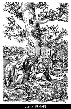 Le calme sur la fuite en Egypte. Joseph, Marie et Jésus. Après une gravure sur bois par Lukas Cranach 1509, 1923 Banque D'Images