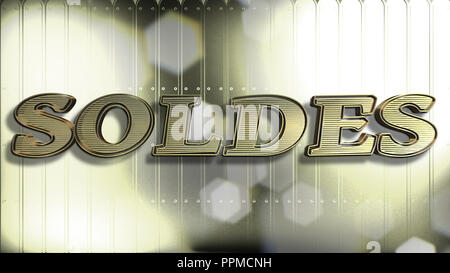 Texte d'or Soldes : Sale mot en français, le texte 3D et fond doré Banque D'Images