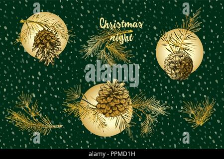 Jeu de Noël avec motif botanique réaliste à l'encre d'or de branches de sapins avec cône de pin sur la neige fond. Illustrations vectorielles Illustration de Vecteur