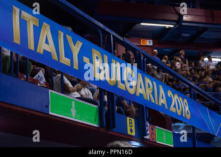 Milan (Italie), 23 Septembre 2018 : Match contre la Finlande à la Russie FIVB Championnat du monde masculin de volley-ball 2018. Texte Italy-Bulgaria logo 2018. Banque D'Images