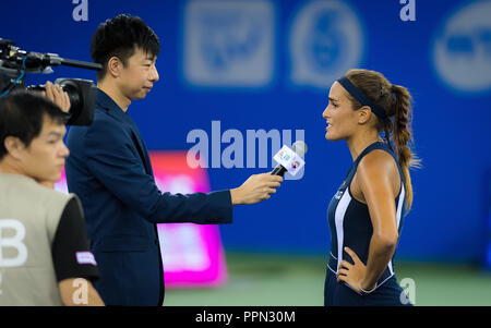 Wuhan, Chine. 26 septembre 2018 - Monica Puig de Puerto Rico célèbre remportant son troisième match à la ronde de 2018 Dongfeng Motor Wuhan ouvrir le tournoi de tennis WTA Premier 5 Crédit : AFP7/ZUMA/Alamy Fil Live News Banque D'Images