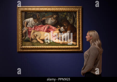 National Gallery, Londres, Royaume-Uni. 27 Septembre, 2018. À la suite de leurs carrières respectives à Padoue et Venise, et la renommée de Mantegna comme peintre de la cour à la puissante famille Gonzague dans les environs de Mantoue, 'Mantegna et Bellini' est la première exposition d'explorer les liens entre ces artistes créatifs et beaux-frères. Image : Giovanni Bellini, l'Ivresse de Noé, à propos de 1515. Besançon, musée des Beaux-Arts et d'Archéologie. Credit : Malcolm Park/Alamy Live News. Banque D'Images