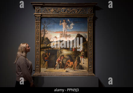 National Gallery, Londres, Royaume-Uni. 27 Septembre, 2018. À la suite de leurs carrières respectives à Padoue et Venise, et la renommée de Mantegna comme peintre de la cour à la puissante famille Gonzague dans les environs de Mantoue, 'Mantegna et Bellini' est la première exposition d'explorer les liens entre ces artistes créatifs et beaux-frères. Image : Giovanni Bellini, La résurrection du Christ, 1475-9. Gemäldegalerie, Staatliche Museen zu Berlin. Credit : Malcolm Park/Alamy Live News. Banque D'Images