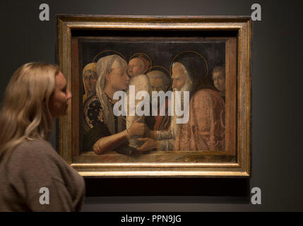 National Gallery, Londres, Royaume-Uni. 27 Septembre, 2018. À la suite de leurs carrières respectives à Padoue et Venise, et la renommée de Mantegna comme peintre de la cour à la puissante famille Gonzague dans les environs de Mantoue, 'Mantegna et Bellini' est la première exposition d'explorer les liens entre ces artistes créatifs et beaux-frères. Image : Andrea Mantegna, la présentation du Christ au Temple, à propos de 1454. Staatliche Museen zu Berlin, Gemäldegalerie. Credit : Malcolm Park/Alamy Live News. Banque D'Images