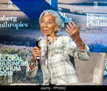 New York, USA. 26 Sep, 2018. Fonds monétaire international, Christine Lagarde parle lors de la Bloomberg Global Business Forum en marge de la 73e Assemblée Générale des Nations Unies à New York. Credit : Enrique Shore/Alamy Live News Banque D'Images