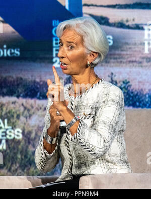 New York, USA. 26 Sep, 2018. Fonds monétaire international, Christine Lagarde parle lors de la Bloomberg Global Business Forum en marge de la 73e Assemblée Générale des Nations Unies à New York. Credit : Enrique Shore/Alamy Live News Banque D'Images
