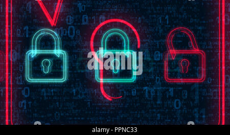 La cybersécurité et la sécurité dans internet. Cadenas rouge et vert sur fond numérique. Banque D'Images