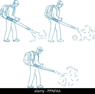 Croquis dessin illustration de style d'une séquence de jardinier ou ventilateur de feuille de soufflage aspirateur-souffleur côté à l'autre de l'arrière-plan isolé. Illustration de Vecteur