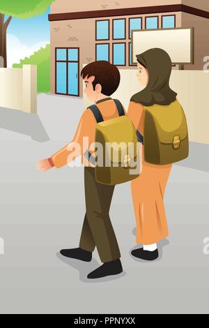 Un vecteur illustration de garçon et fille musulmane les élèves à l'école à pied Illustration de Vecteur