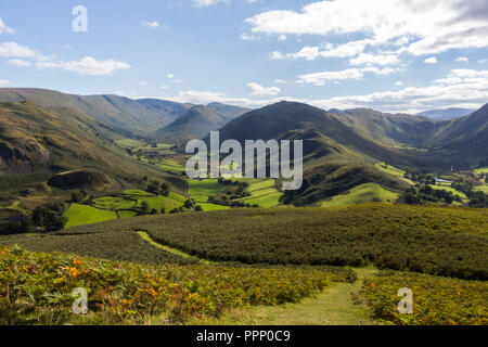 Vue sur champs verts de Hallin et Boardale ont chuté à Martindale vallées avec Beda a chuté dans le centre. Lake District, en Angleterre. Banque D'Images