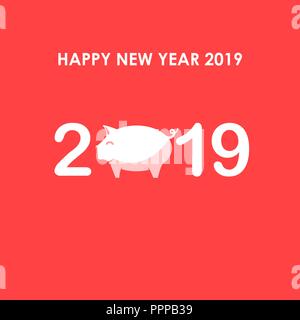 Bonne Année 2019.2019 Happy New Year Greeting card.vecteur Piggy sur fond rouge pour le jour de l'an Fête cartes.fond rouge avec le cochon Illustration de Vecteur